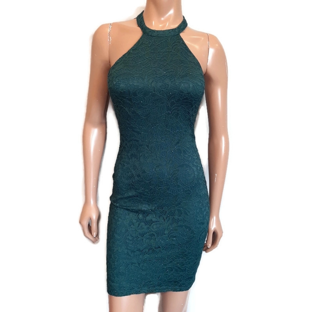 Sequin Hearts Glitter Lace Halter Mini Dress Racerback Bodycon Wedding